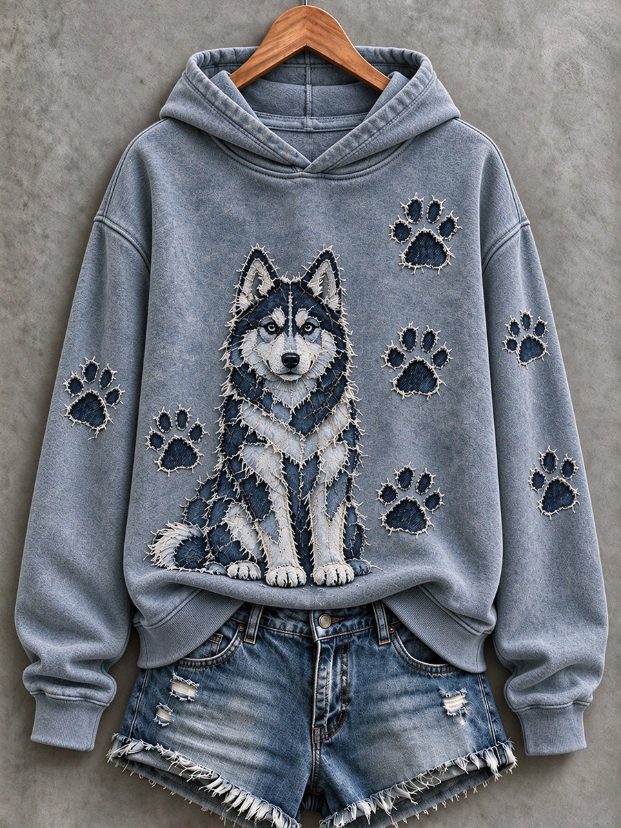 Women's Husky & Paw Prints Patchwork Print Casual Hoodie gracestitchs