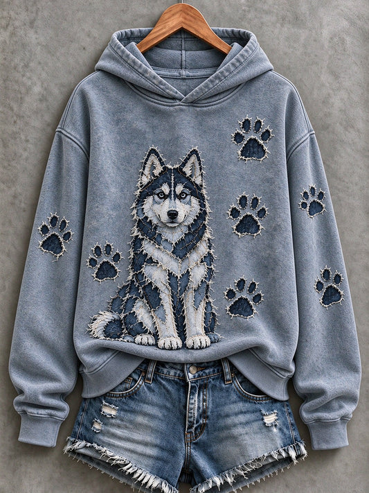 Women's Husky & Paw Prints Patchwork Print Casual Hoodie gracestitchs