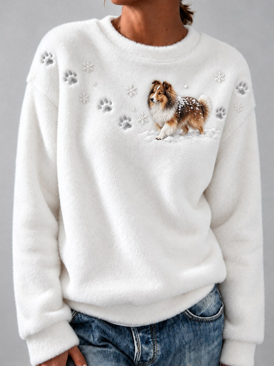 Women's Sheltie Dog in the Snow & Paw Prints Yoke Print Flannel Sweatshirt gracestitchs