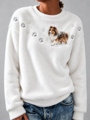 Women's Sheltie Dog in the Snow & Paw Prints Yoke Print Flannel Sweatshirt gracestitchs