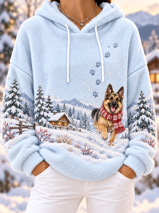 Women's Cute Winter German Shepherd Print Dog Lovers Casual Flannel Hoodie gracestitchs