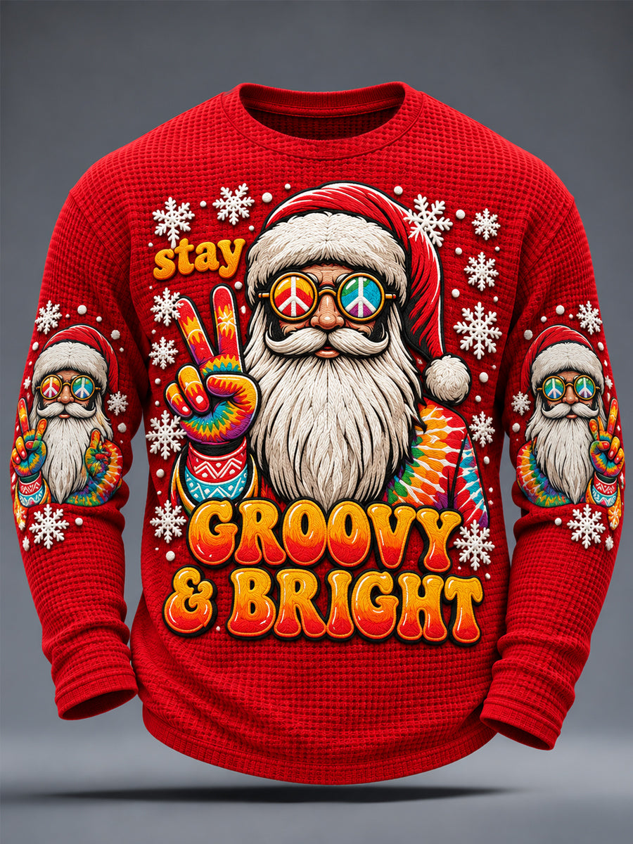 Men's Hippy Christmas Santa Claus Print Casual Waffle Long Sleeve T-Shirt gracestitchs