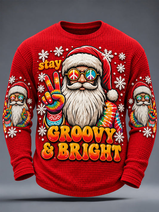 Men's Hippy Christmas Santa Claus Print Casual Waffle Long Sleeve T-Shirt gracestitchs