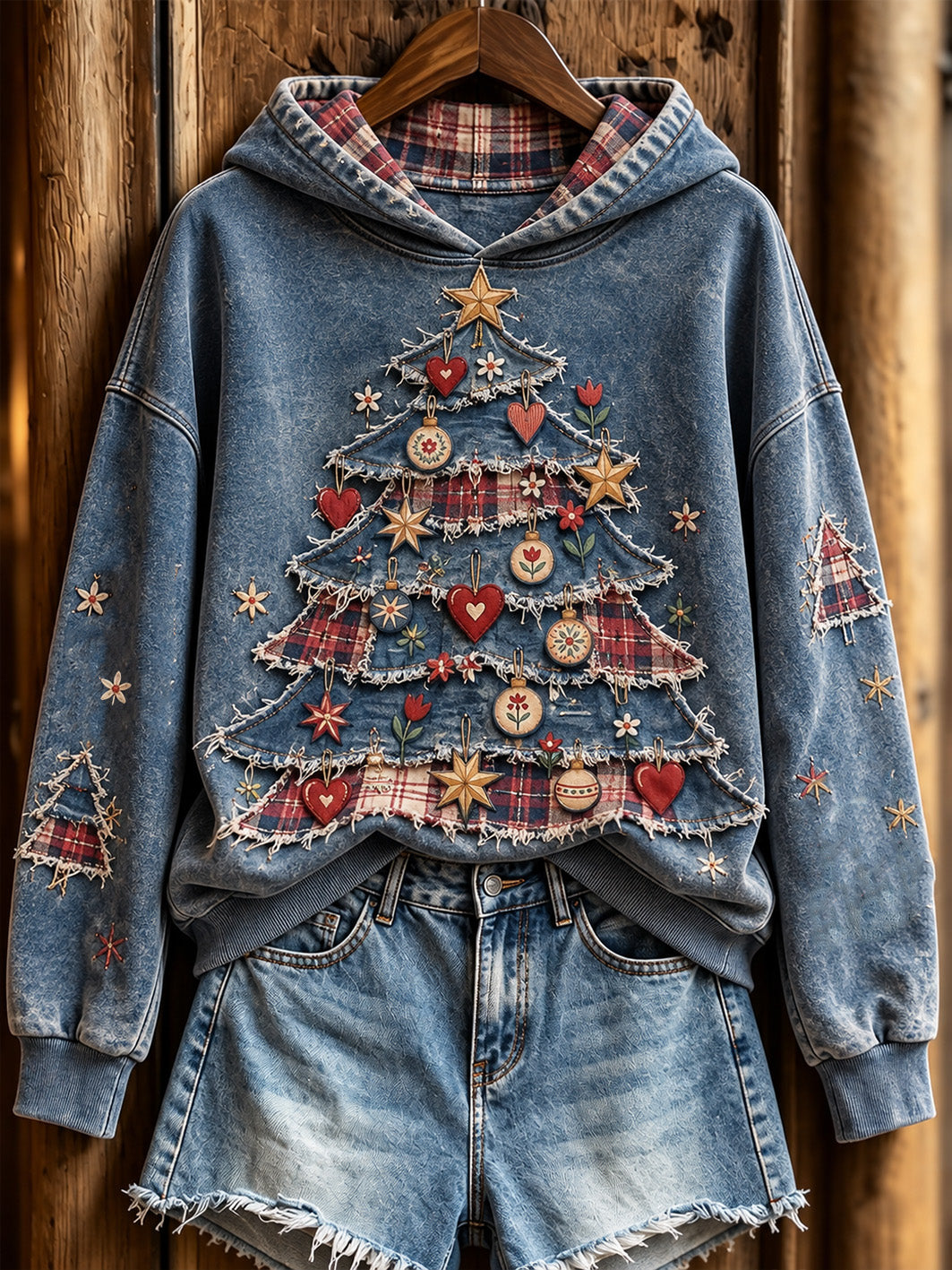 Women's Retro Christmas Tree Patchwork Pattern Design Casual Hoodie gracestitchs
