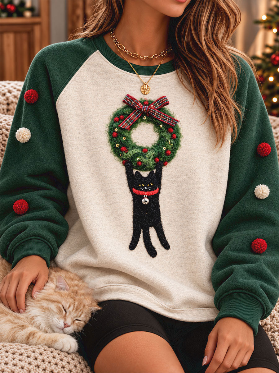 Women's Funny Christmas Cats Art Ptinted Sweatshirt gracestitchs