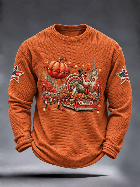 Men's Thanksgiving Day Parade Print Casual Waffle Long Sleeve T-Shirt gracestitchs