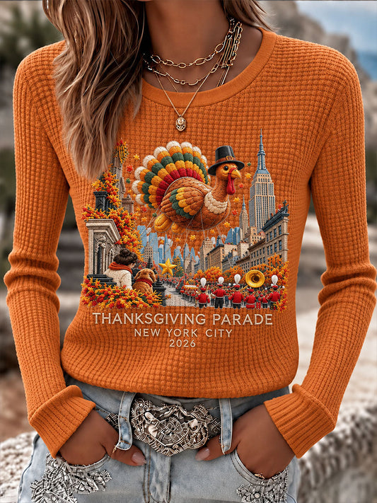 Women's Thanksgiving Day Parade Print Casual Waffle T-shirt gracestitchs