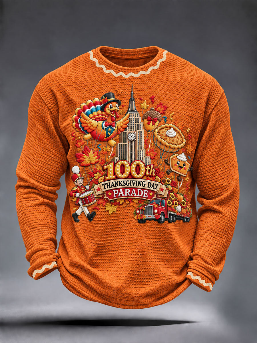 Men's Thanksgiving Parade Print Casual Waffle Long Sleeve T-Shirt gracestitchs