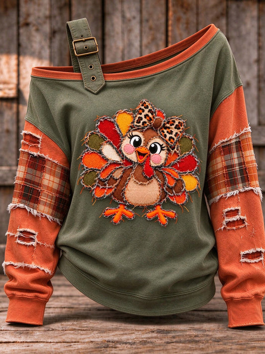 Women's Cute Thanksgiving Turkey Face Art  Casual Off-Shoulder Sweatshirt gracestitchs