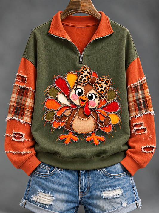 Women's Cute Thanksgiving Turkey Face Art  Casual Zippered  Sweatshirt gracestitchs