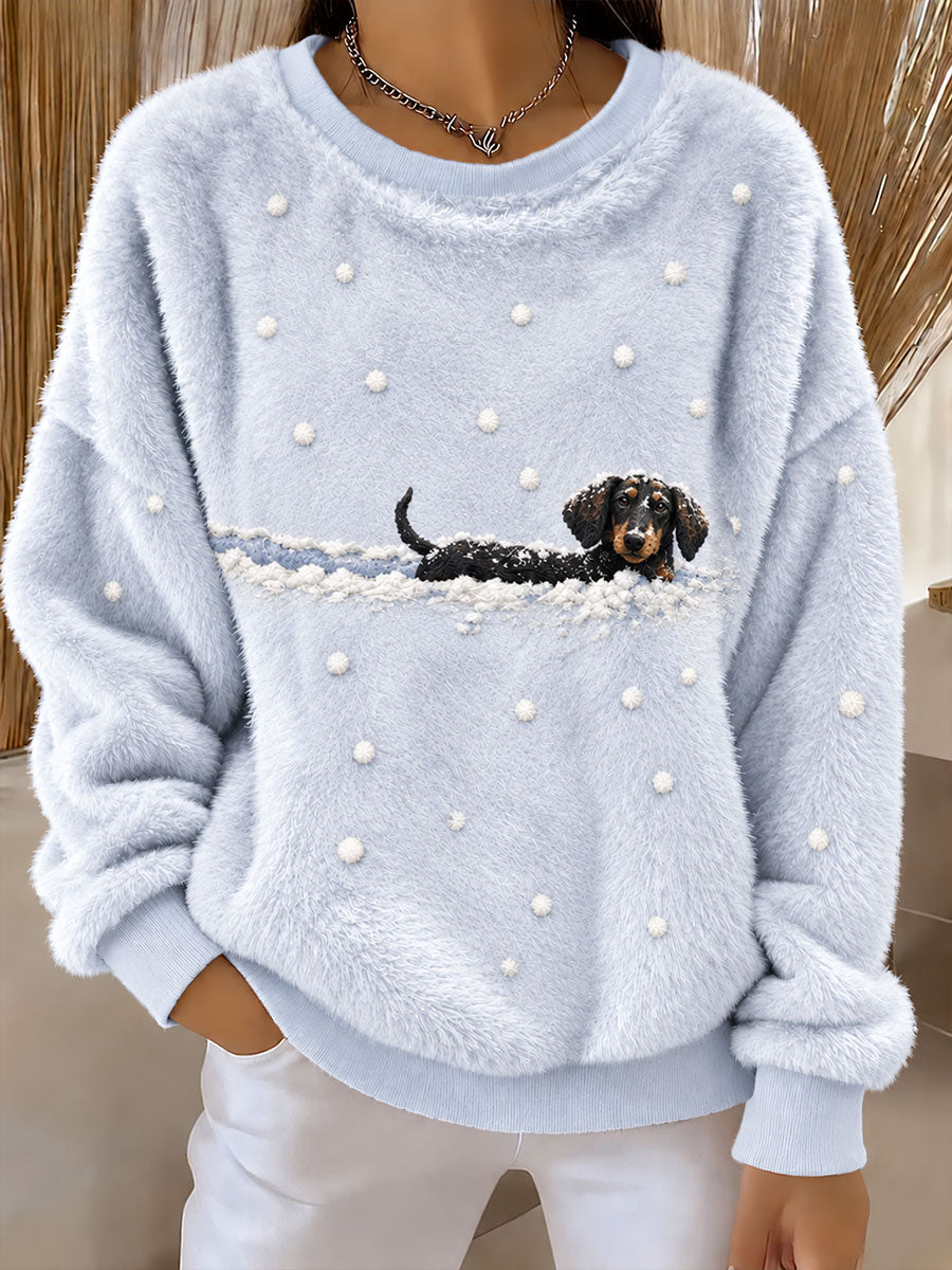 Women’s Dachshund in the Snow Winter Printed Casual Flannel Sweatshirt gracestitchs