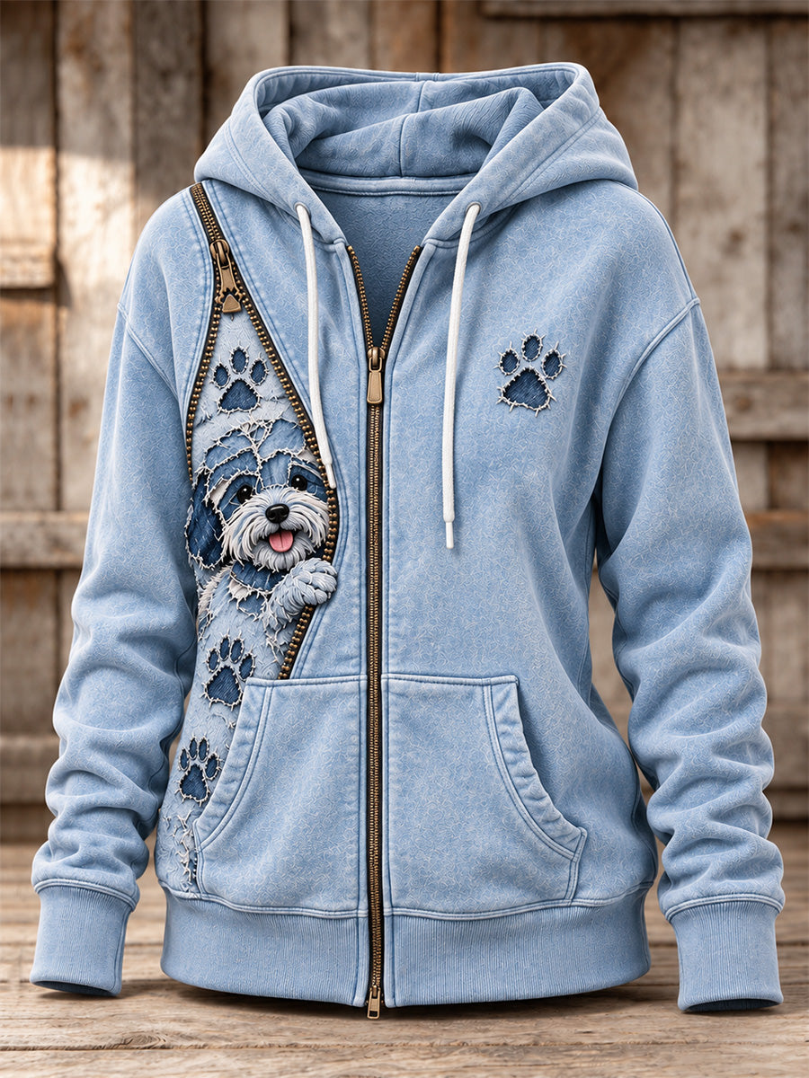 Women's Peeking Bichon Frise Dog & Paw Prints Zipper Patchwork Print Full Zip Hoodie gracestitchs