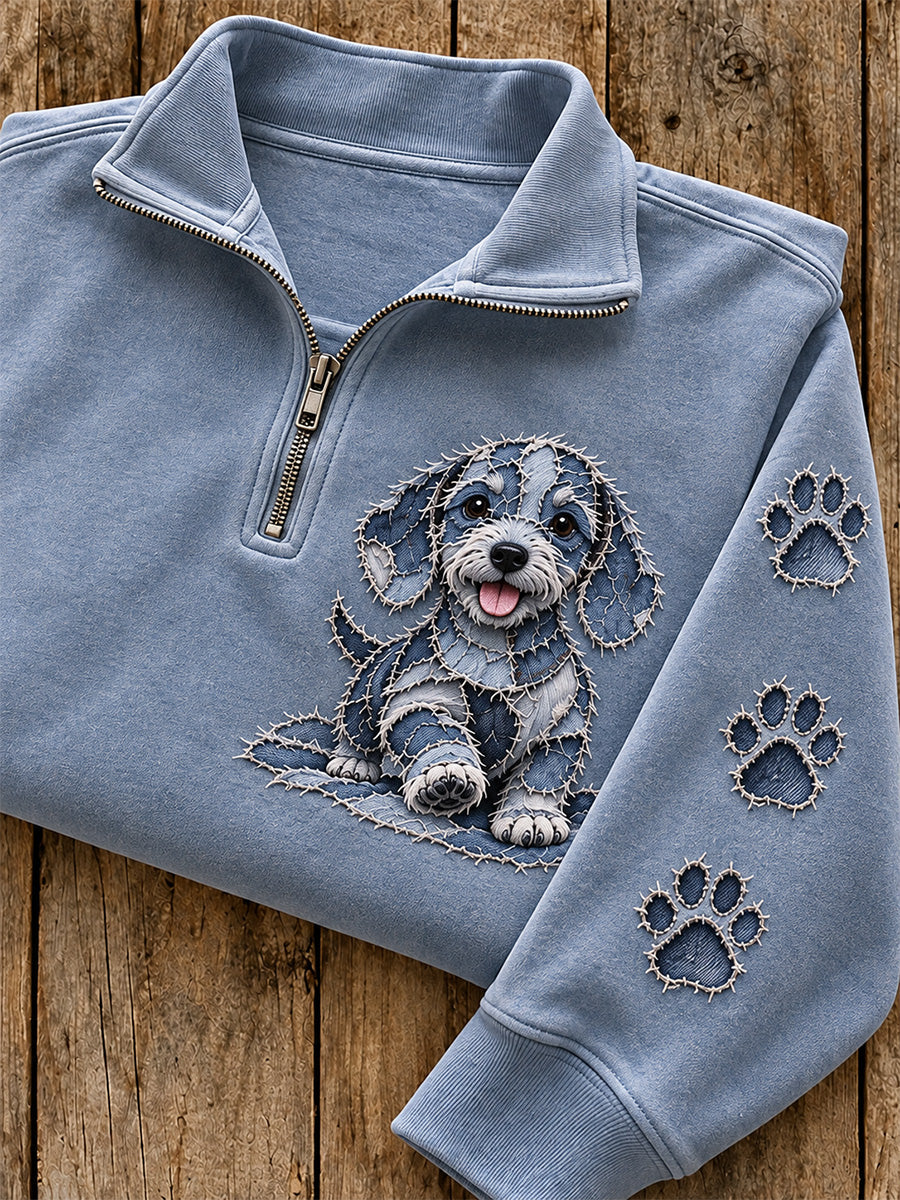 Women's Patchwork Dachshund Dog & Paw Print Zip Up Sweatshirt gracestitchs