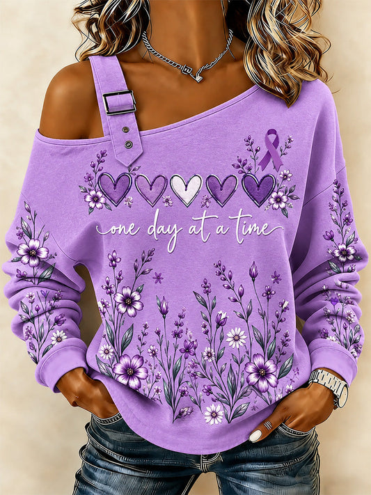 Women's Purple Floral & Alzheimer's Awareness Support Print Casual Off-Shoulder Sweatshirt gracestitchs