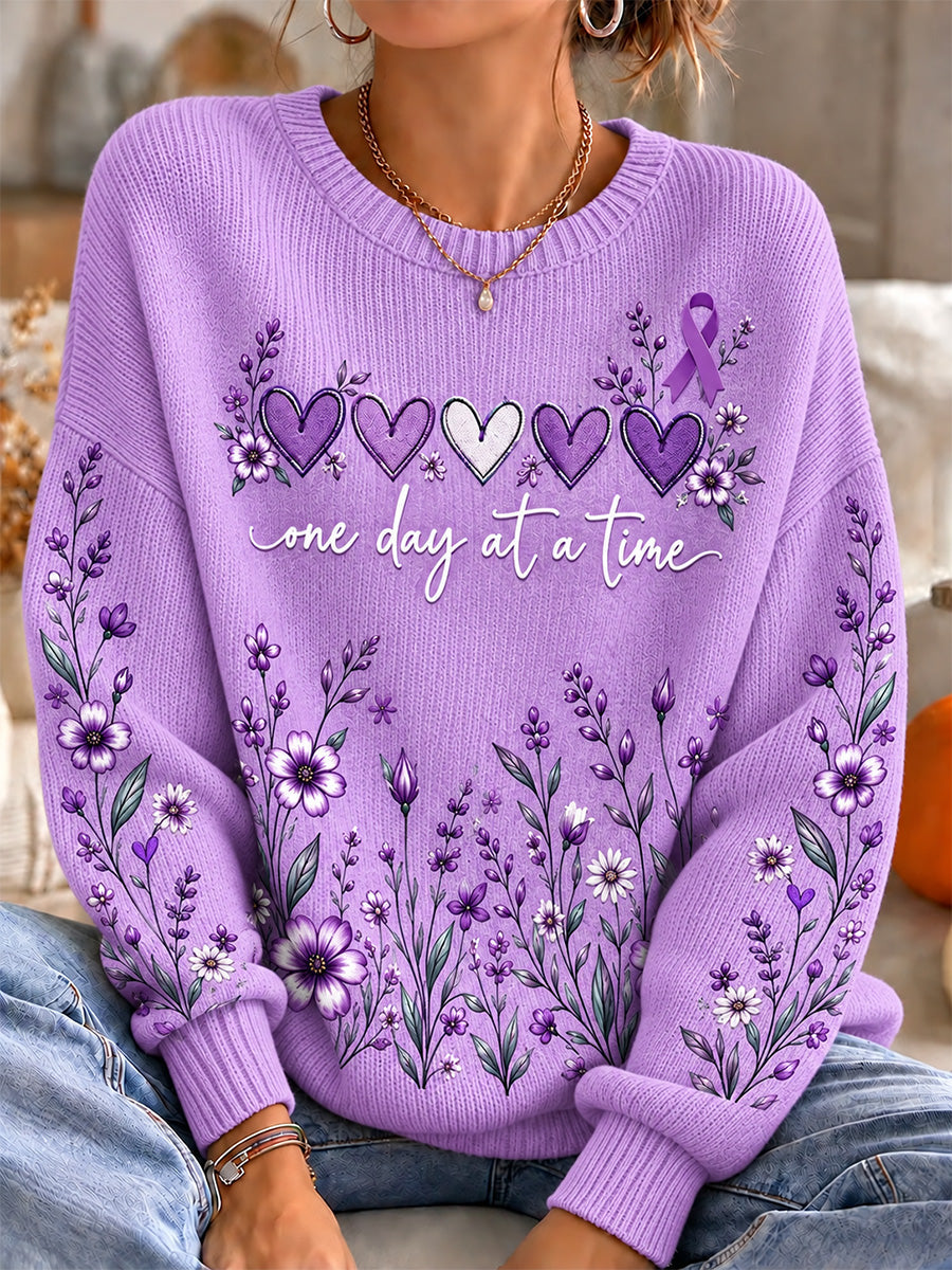 Women's Purple Floral & Alzheimer's Awareness Support Print Sweater gracestitchs