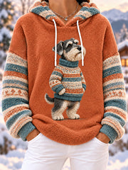 Women's Cute Winter Schnauzer Print Dog Lovers Casual Flannel Hoodie gracestitchs