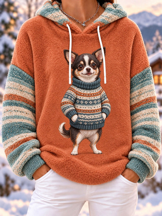 Women's Cute Winter Chihuahua Print Dog Lover Casual Flannel Hoodie gracestitchs