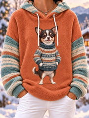 Women's Cute Winter Chihuahua Print Dog Lover Casual Flannel Hoodie gracestitchs