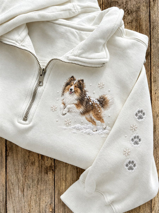 Women's Snowy Winter Sheltie Dog in the Snow Print Zip Up Sweatshirt gracestitchs