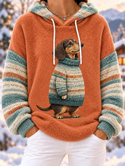 Women's Cute Winter Dachshund Print Dog Lovers Casual Flannel Hoodie gracestitchs