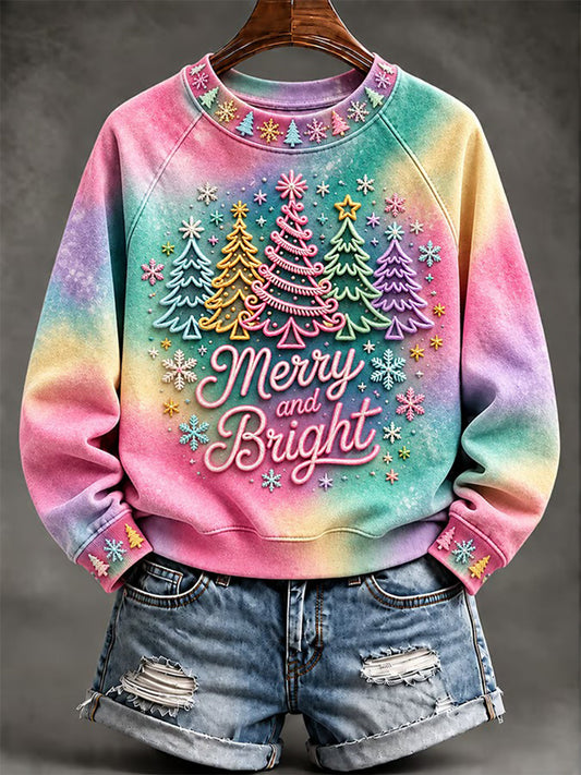 Women's Merry And Bright Christmas Tree Print Casual Sweatshirt gracestitchs