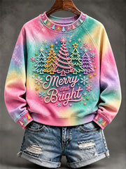 Women's Merry And Bright Christmas Tree Print Casual Sweatshirt gracestitchs