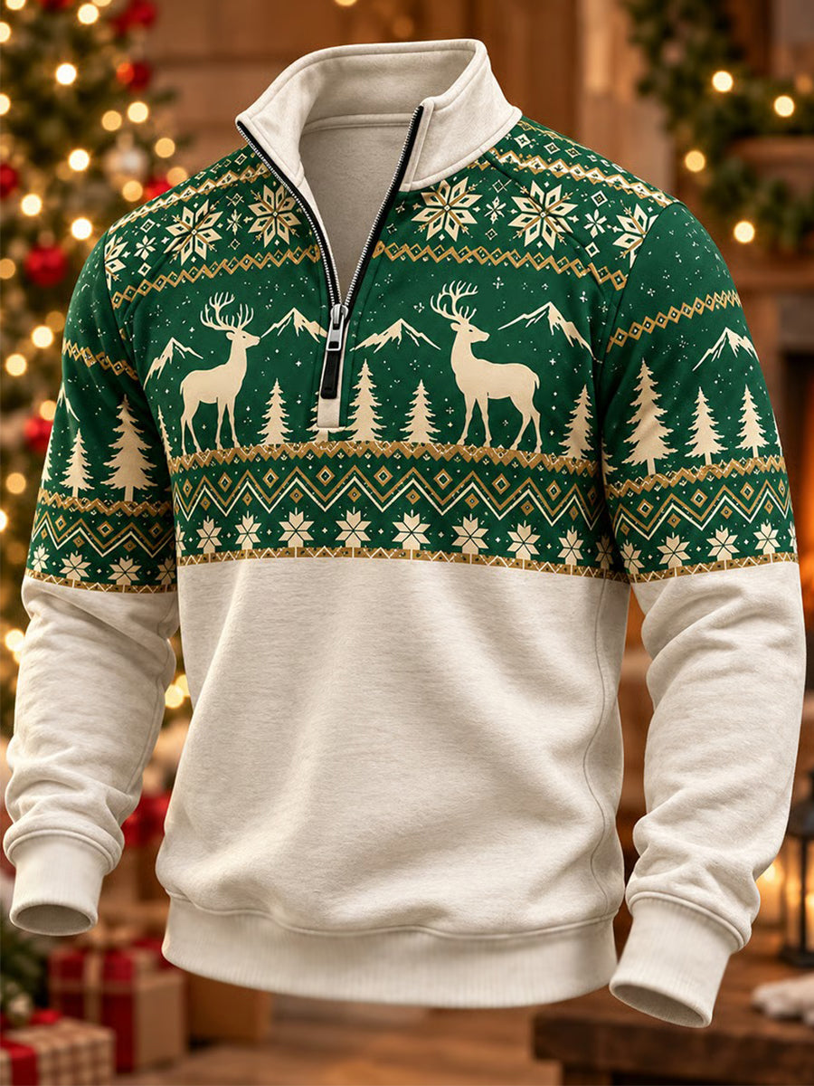 Men's Christmas Deer Print Casual Zipper Pullover gracestitchs