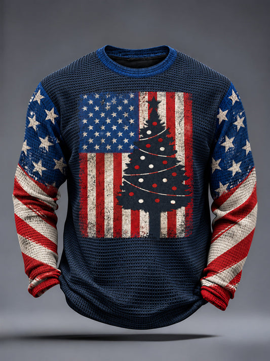 Men's USA Flag Christmas Waffle Long Sleeve T-Shirt gracestitchs
