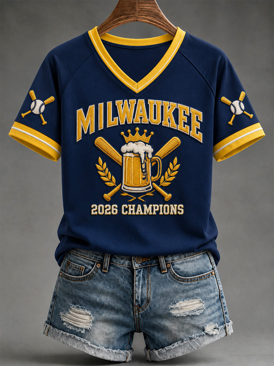 Women's Won Our Way 2026 Baseball Champions Gift For Baseball Fans Print V-Neck Tee gracestitchs
