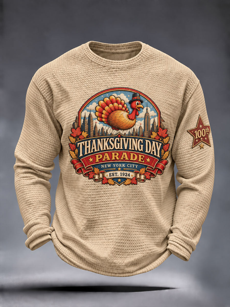 Men's Thanksgiving Parade Commemorative Print Casual Waffle Long Sleeve T-Shirt gracestitchs