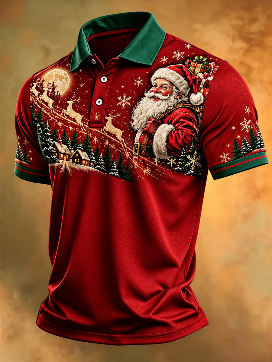 Men's Christmas Santa Claus Print Casual Polo Shirt gracestitchs