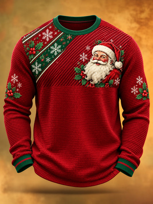 Men's Christmas Santa Claus Print Casual Waffle Long Sleeve T-Shirt gracestitchs