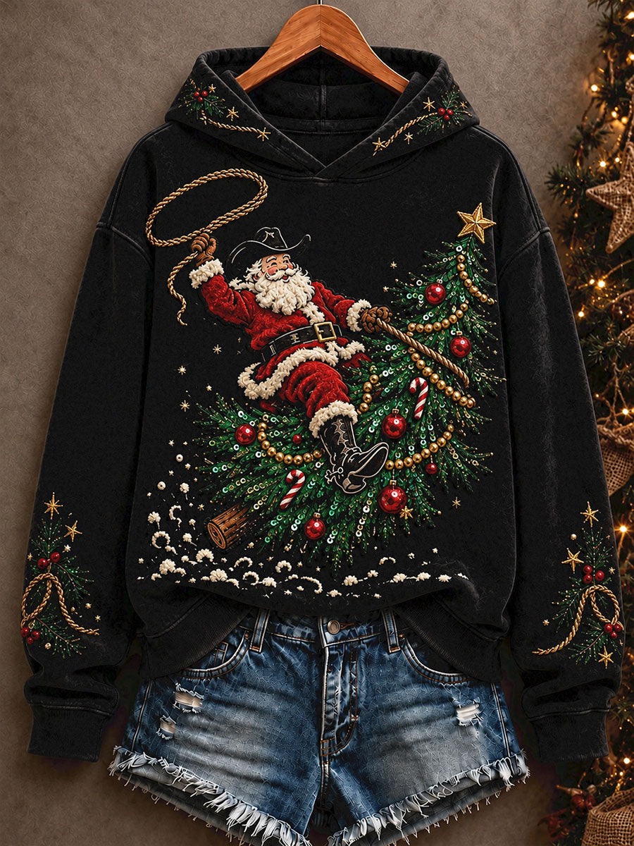 Women's Western Style Merry Christmas Art Printed Hoodie gracestitchs