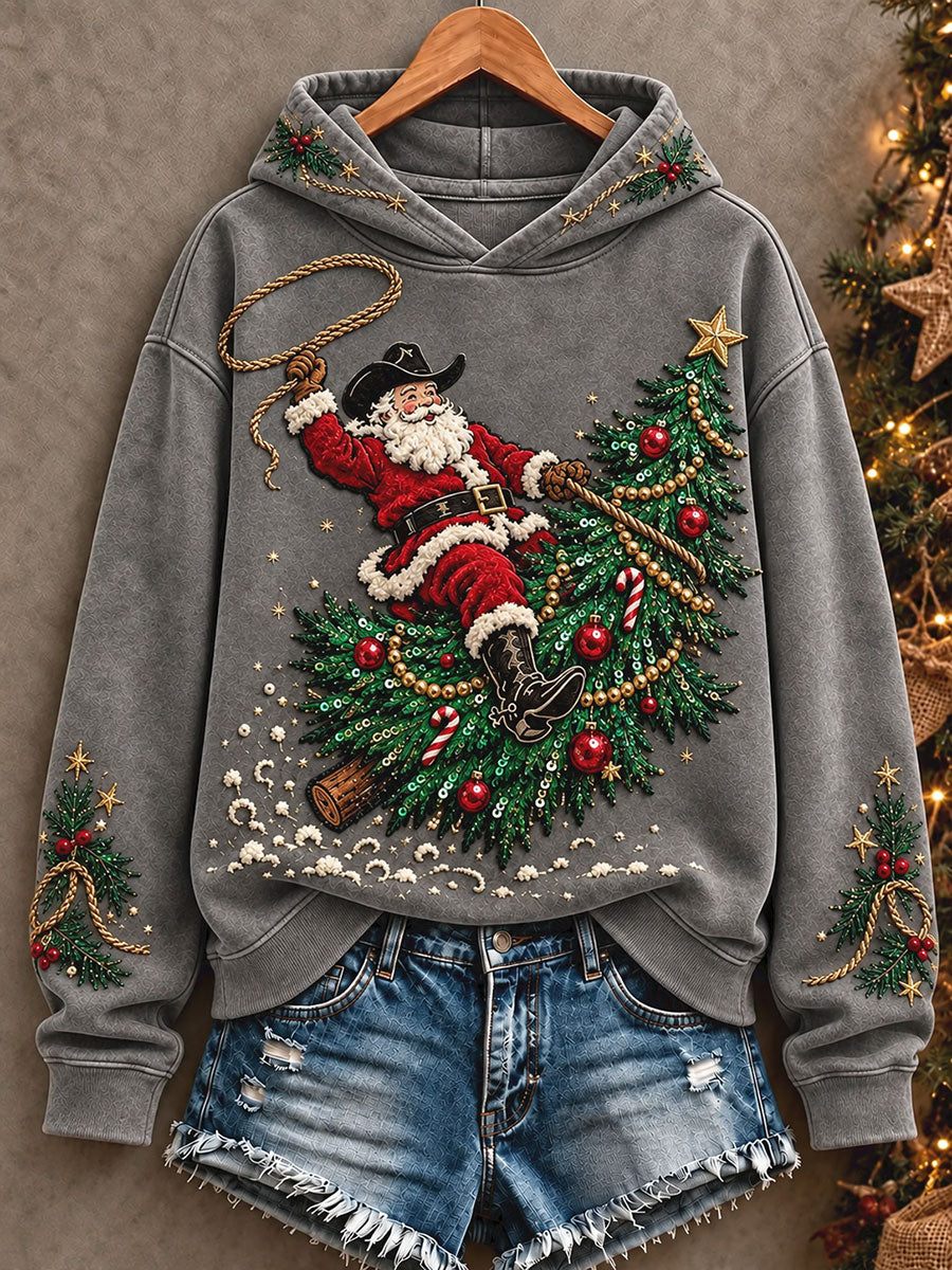 Women's Western Style Merry Christmas Art Printed Hoodie gracestitchs