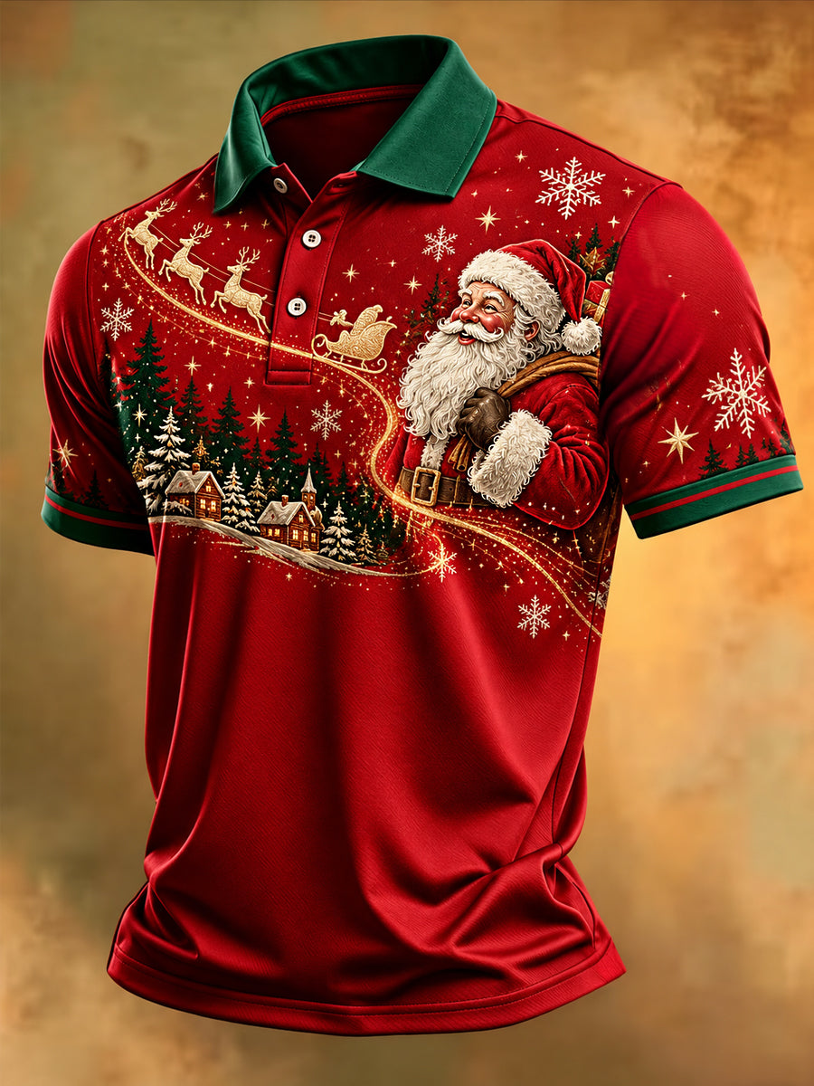 Men's Christmas Santa Claus Print Casual Polo Shirt gracestitchs