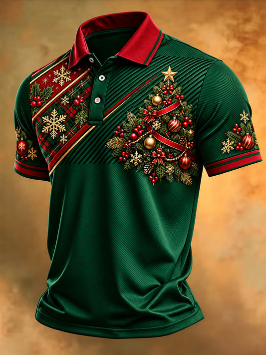 Men's Christmas Tree Print Casual Polo Shirt gracestitchs