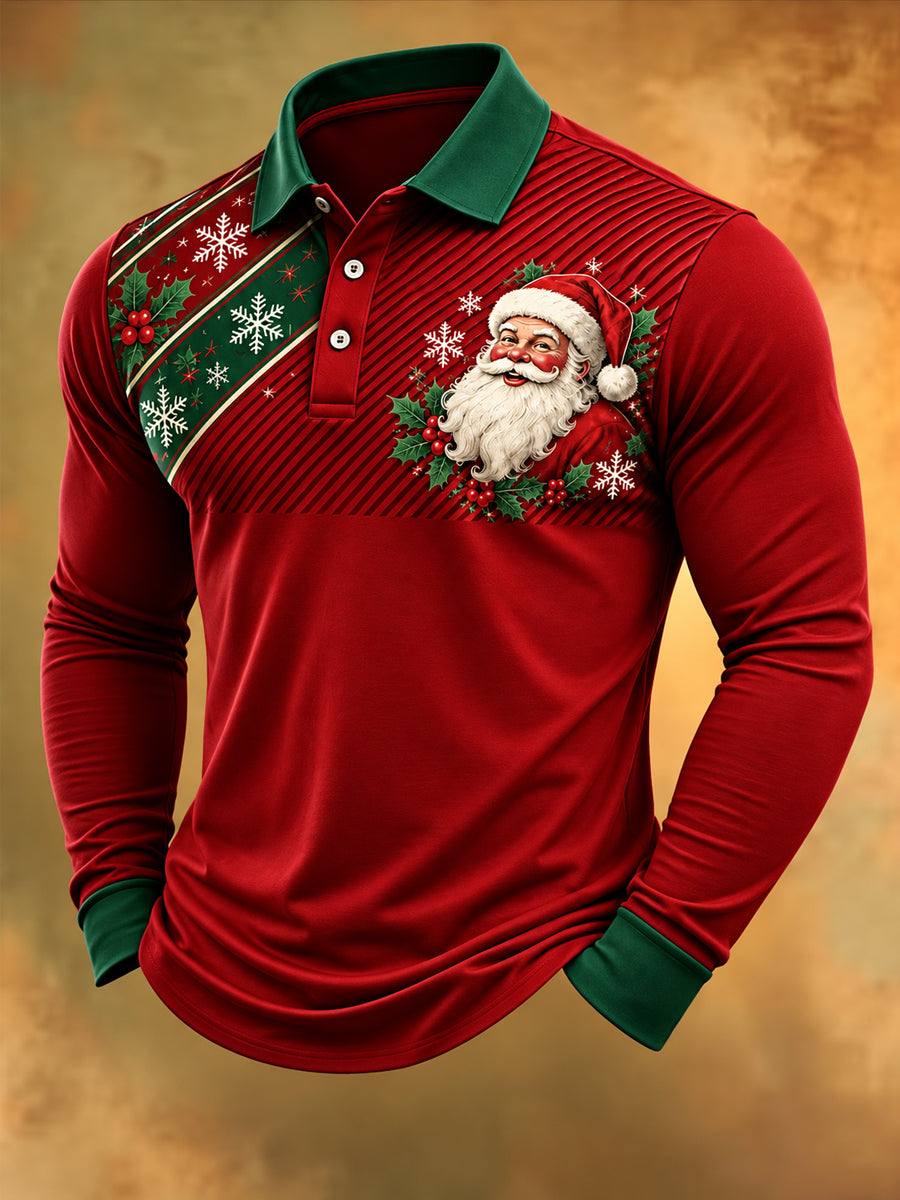 Men's Christmas Santa Claus Print Casual Long Sleeve Polo gracestitchs