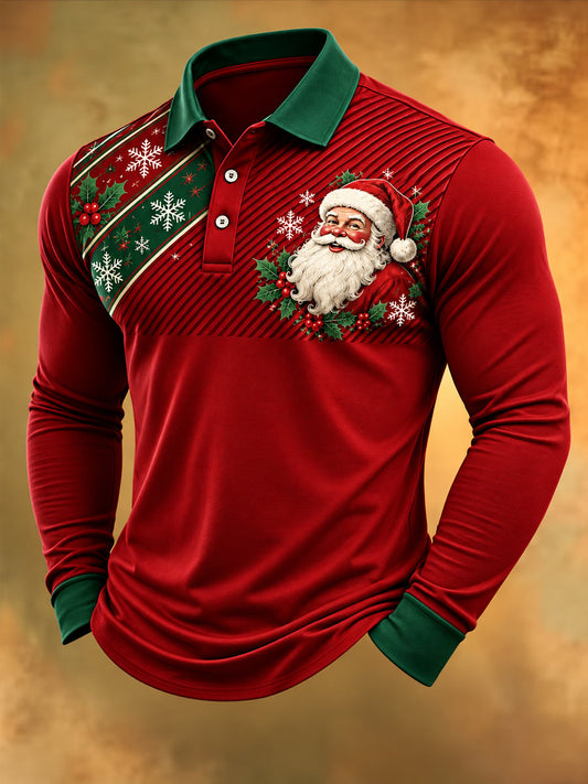 Men's Christmas Santa Claus Print Casual Long Sleeve Polo gracestitchs