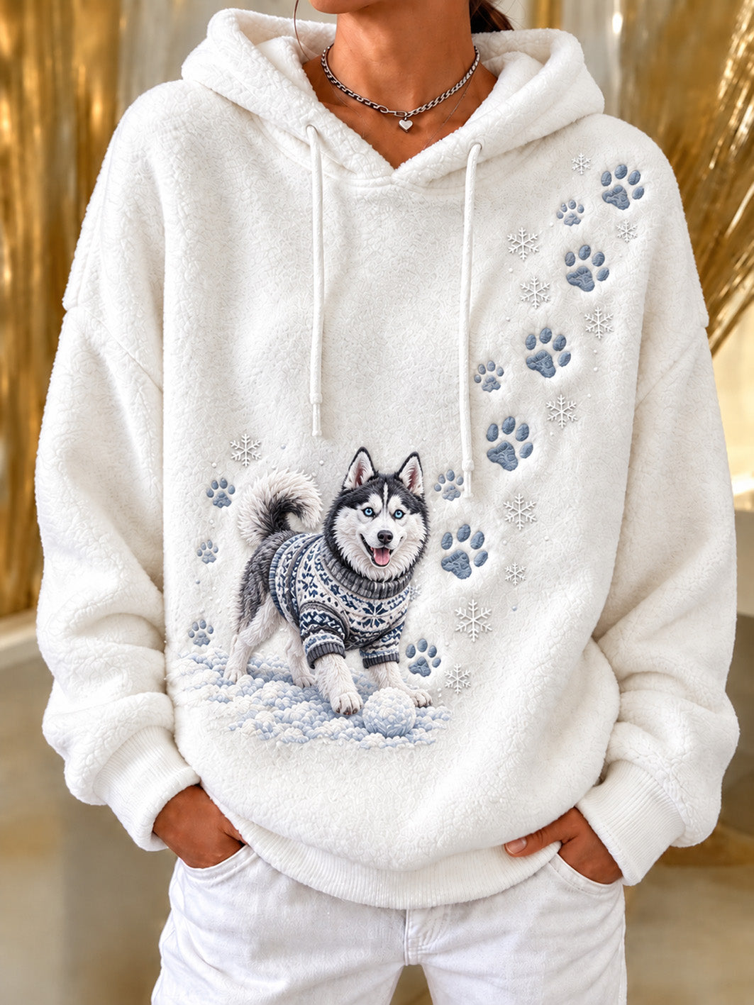 Women's Winter Siberian Husky Pattern Causal Flannel Hoodie gracestitchs