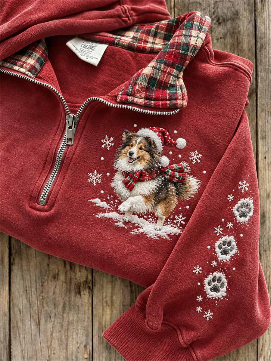 Women's Snowy Christmas Sheltie Dog & Paw Prints Plaid Print Sweatshirt gracestitchs