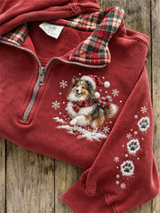 Women's Snowy Christmas Sheltie Dog & Paw Prints Plaid Print Sweatshirt gracestitchs