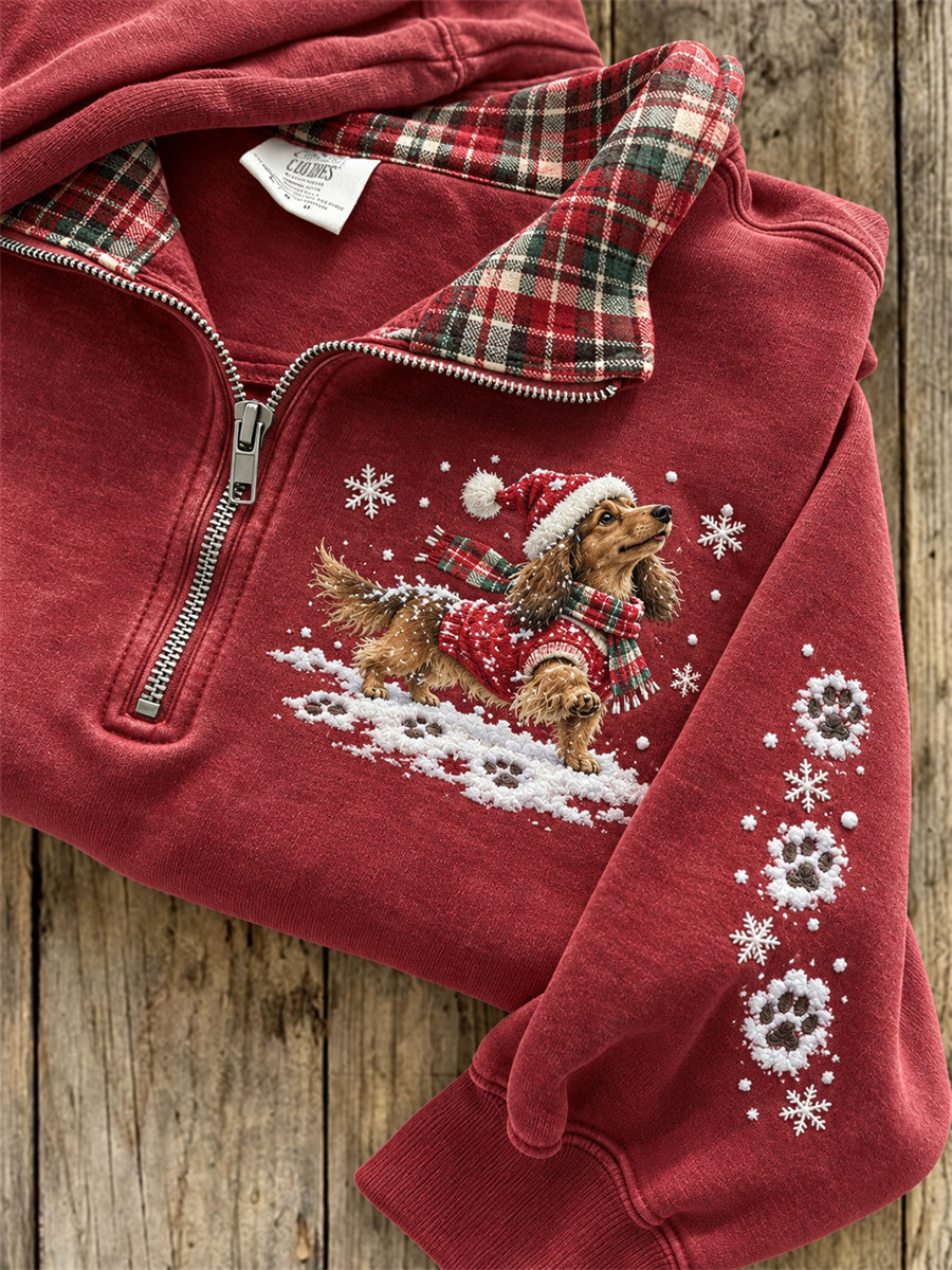 Women's Snowy Christmas Dachshund Dog & Paw Prints Plaid Print Sweatshirt gracestitchs