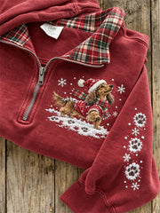 Women's Snowy Christmas Dachshund Dog & Paw Prints Plaid Print Sweatshirt gracestitchs