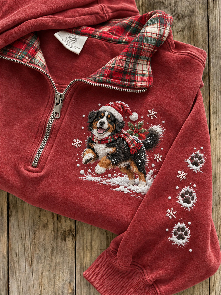 Women's Snowy Christmas Bernese Mountain Dog & Paw Prints Plaid Print Sweatshirt gracestitchs