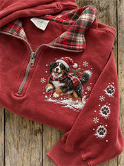 Women's Snowy Christmas Bernese Mountain Dog & Paw Prints Plaid Print Sweatshirt gracestitchs
