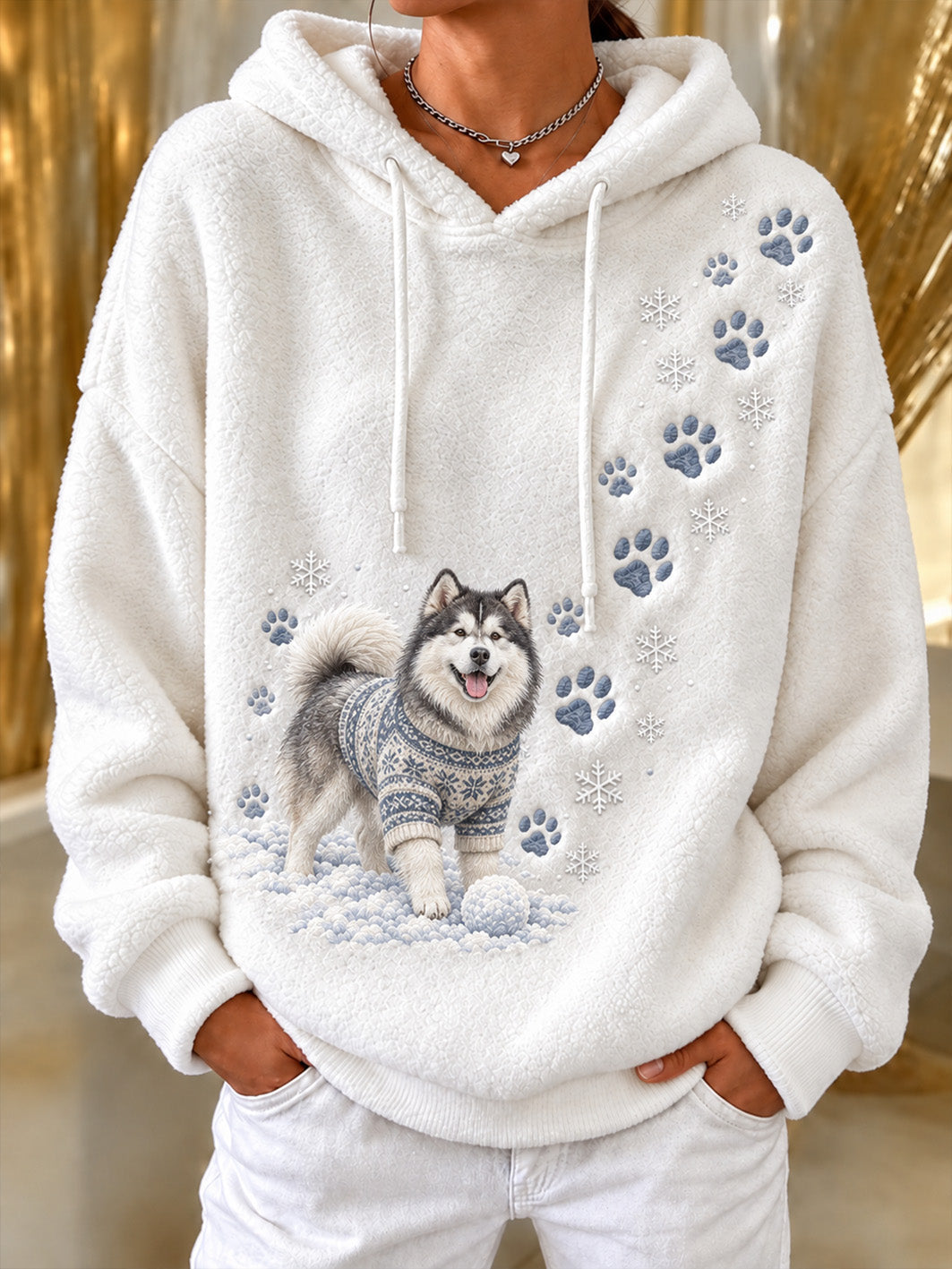 Women's Winter Alaskan Malamute Pattern Causal Flannel Hoodie gracestitchs