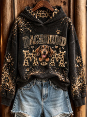 Women's Dachshund Mom Peeking Dog Glitter Leopard Print Hoodie gracestitchs