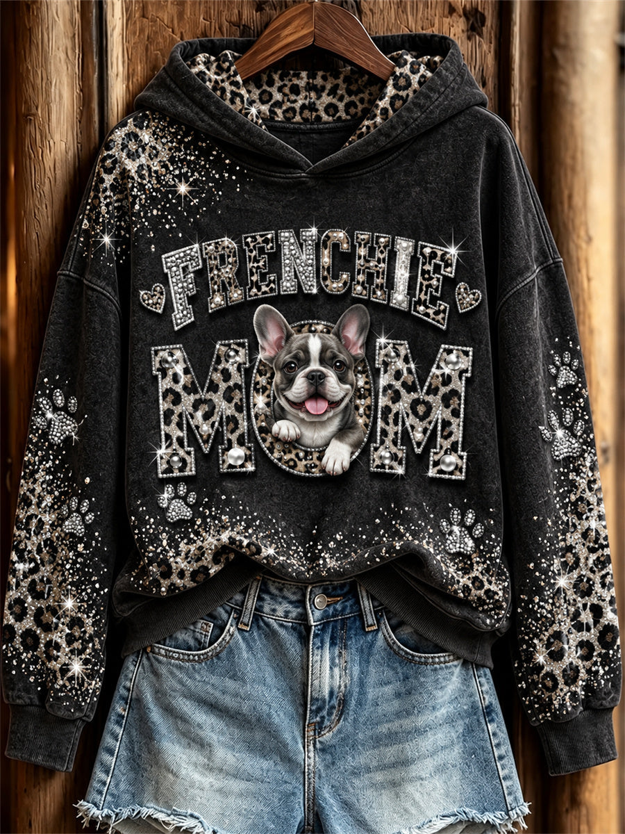Women's Frenchie Mom Peeking Dog Glitter Leopard Print Hoodie gracestitchs