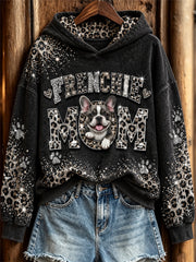 Women's Frenchie Mom Peeking Dog Glitter Leopard Print Hoodie gracestitchs