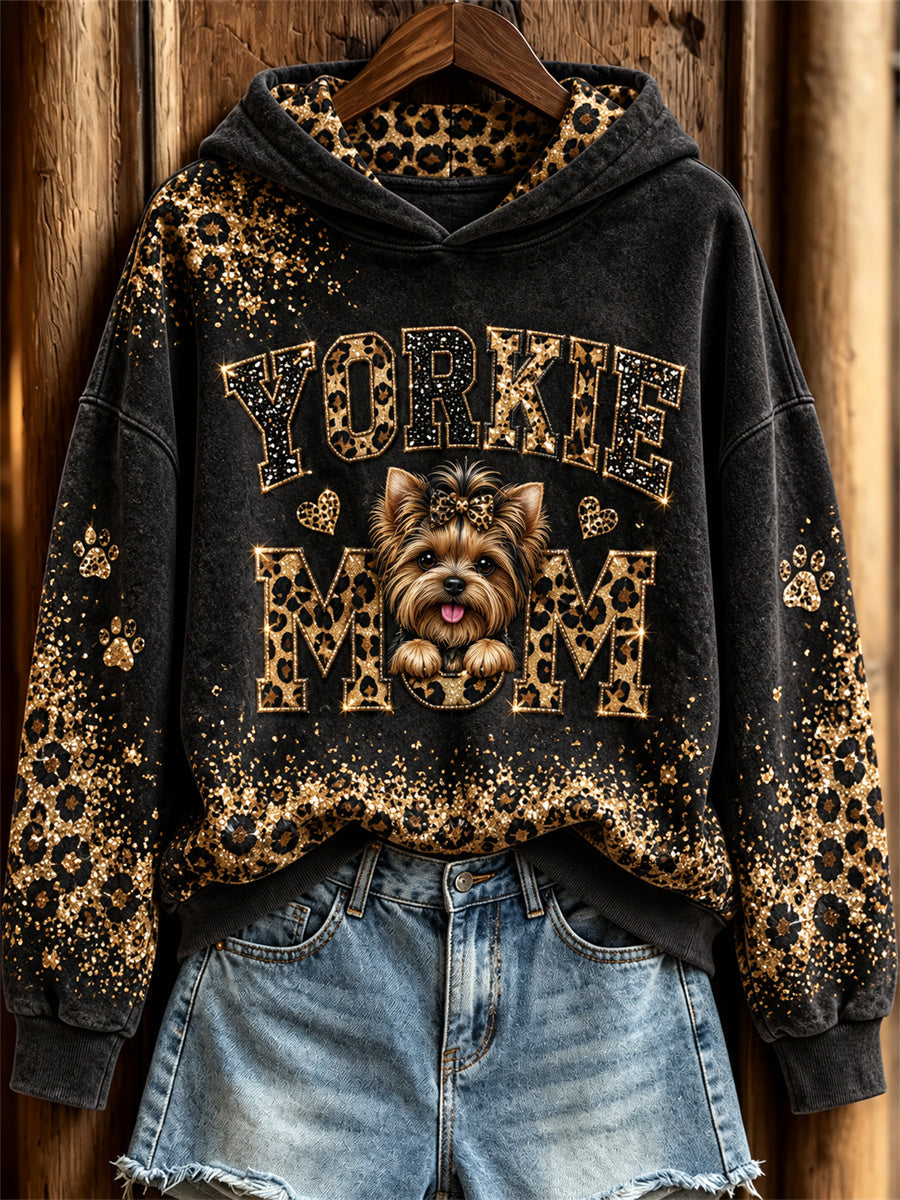Women's Yorkie Mom Peeking Dog Glitter Leopard Print Hoodie gracestitchs